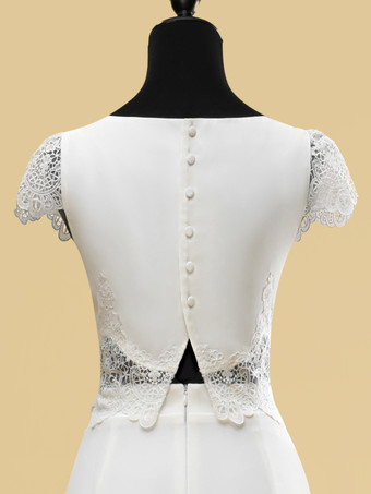 ツーピースウェディングドレス レース カットアウト ジュエルネック ツーピース フロアレングス ジッパー ショートスリーブ フロアレングス アイボリー