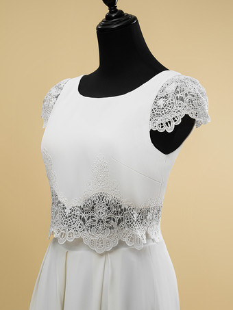 ツーピースウェディングドレス レース カットアウト ジュエルネック ツーピース フロアレングス ジッパー ショートスリーブ フロアレングス アイボリー