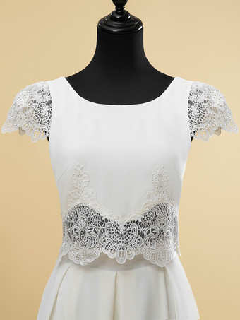 ツーピースウェディングドレス レース カットアウト ジュエルネック ツーピース フロアレングス ジッパー ショートスリーブ フロアレングス アイボリー