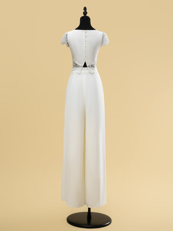 ツーピースウェディングドレス レース カットアウト ジュエルネック ツーピース フロアレングス ジッパー ショートスリーブ フロアレングス アイボリー