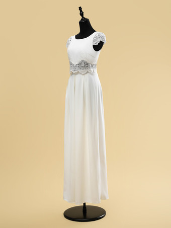 ツーピースウェディングドレス レース カットアウト ジュエルネック ツーピース フロアレングス ジッパー ショートスリーブ フロアレングス アイボリー