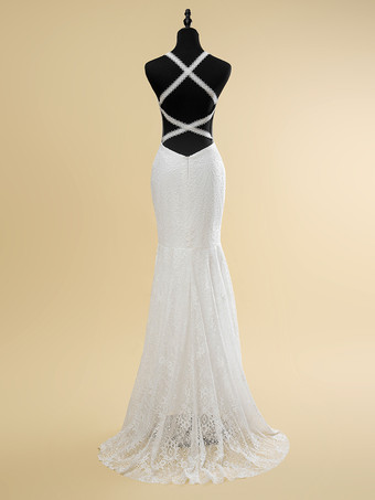 ウェディングドレス Vネック ノースリーブ ナチュラルウエスト カットアウト トレーン付き ブライダル マーメイドドレス