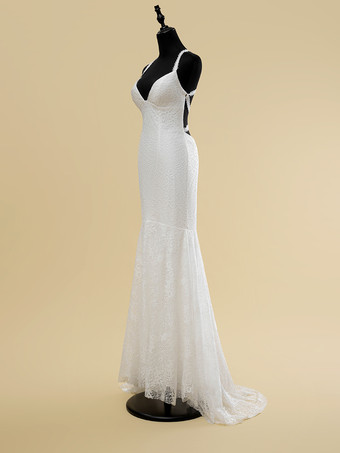 ウェディングドレス Vネック ノースリーブ ナチュラルウエスト カットアウト トレーン付き ブライダル マーメイドドレス