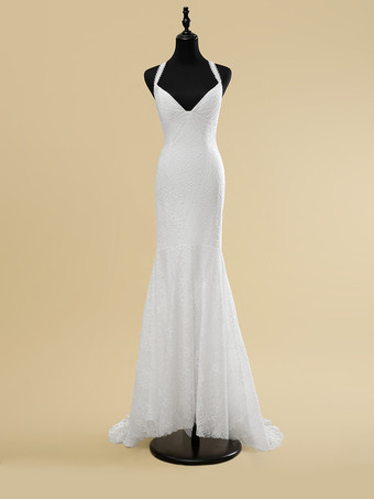 ホワイトウェディングドレス Vネック ノースリーブ ナチュラルウエスト カットアウト トレーン付き ブライダル マーメイドドレス