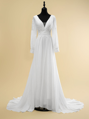 ホワイトシンプルなウェディングドレス Aライン Vネック 長袖 カットアウト 40cm ブライダルガウン