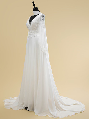 シンプルなウェディングドレス Aライン Vネック 長袖 カットアウト 40cm ブライダルガウン