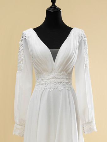シンプルなウェディングドレス Aライン Vネック 長袖 カットアウト 40cm ブライダルガウン