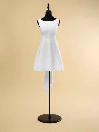 ホワイトショートウェディングドレス ショートジュエルネック ノースリーブ Aライン ナチュラルウエスト ポリエステル ブライダルガウン