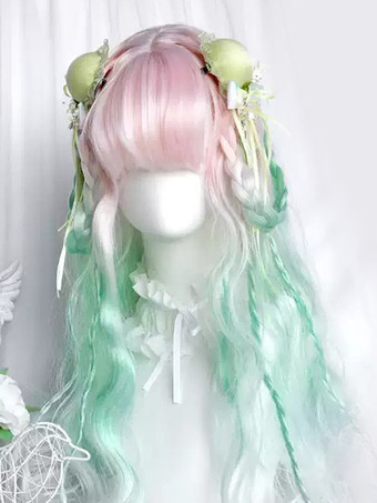 Parrucca Lolita Harajuku Fashion Verde Chiaro Lunga Fibra Resistente al Calore Arruffata Accessori Lolita
