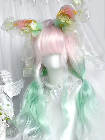 Parrucca Lolita Harajuku Fashion Verde Chiaro Lunga Fibra Resistente al Calore Arruffata Accessori Lolita
