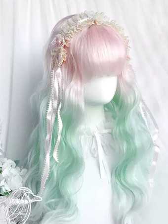 Parrucca Lolita Harajuku Fashion Verde Chiaro Lunga Fibra Resistente al Calore Arruffata Accessori Lolita