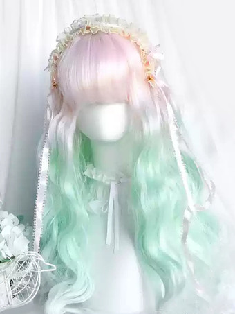 Parrucca Lolita Harajuku Fashion Verde Chiaro Lunga Fibra Resistente al Calore Arruffata Accessori Lolita