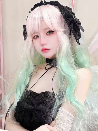 Verde chiaro Parrucca Lolita Harajuku Fashion Verde Chiaro Lunga Fibra Resistente al Calore Arruffata Accessori Lolita