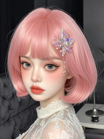 ピンクROCOCO スタイル ロリータ ウィッグ ピンク ショート 耐熱ファイバー 乱れた ロリータ アクセサリー