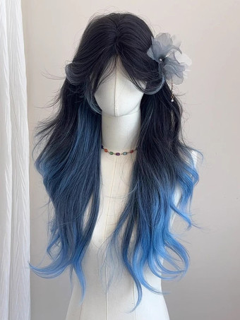 スイートロリータウィッグブルーロング耐熱ファイバーハイライトヘアロリータアクセサリー