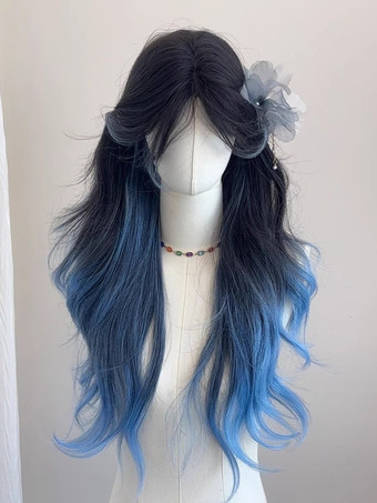 ブルー スイートロリータウィッグブルーロング耐熱ファイバーハイライトヘアロリータアクセサリー