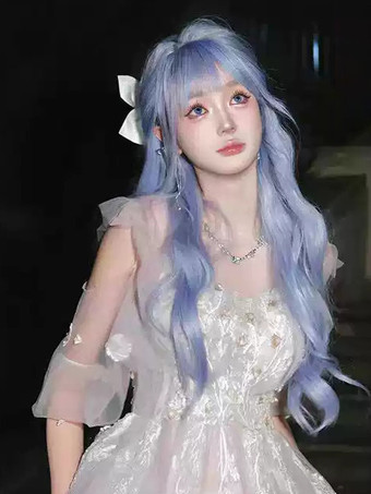 スイートロリータウィッグロング乱れた耐熱ファイバーライトスカイブルーロリータアクセサリー