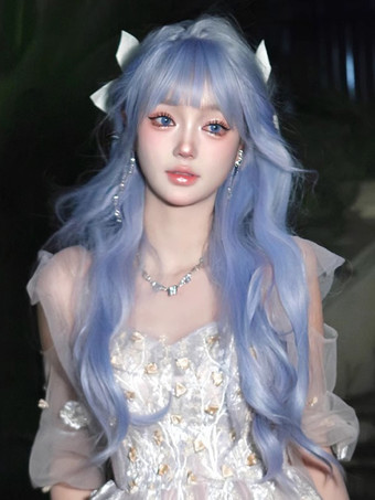 スイートロリータウィッグロング乱れた耐熱ファイバーライトスカイブルーロリータアクセサリー