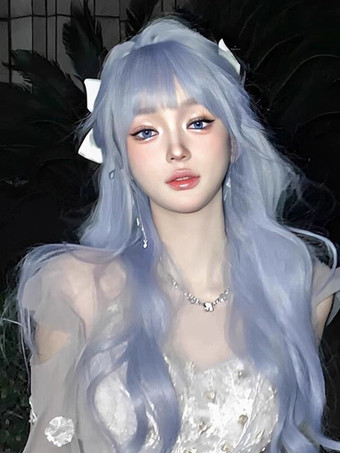 ライトスカイブルースイートロリータウィッグロング乱れた耐熱ファイバーライトスカイブルーロリータアクセサリー