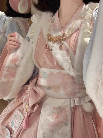 中国風ロリータドレス フリル 長袖 ポリエステル 中国風 花柄 ピンク 中国風ロリータ