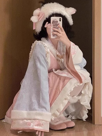 中国風ロリータドレス フリル 長袖 ポリエステル 中国風 花柄 ピンク 中国風ロリータ