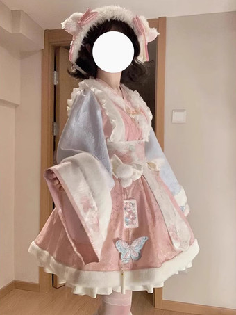 中国風ロリータドレス フリル 長袖 ポリエステル 中国風 花柄 ピンク 中国風ロリータ