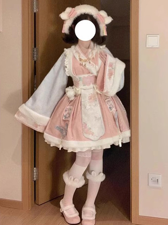 中国風ロリータドレス フリル 長袖 ポリエステル 中国風 花柄 ピンク 中国風ロリータ