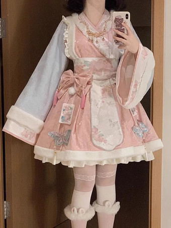 ピンク中国風ロリータドレス フリル 長袖 ポリエステル 中国風 花柄 ピンク 中国風ロリータ