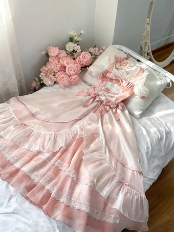 スイートロリータドレス メッシュシルク 半袖 レイヤード ティアードドレス ティーパーティースタイル ロングドレス