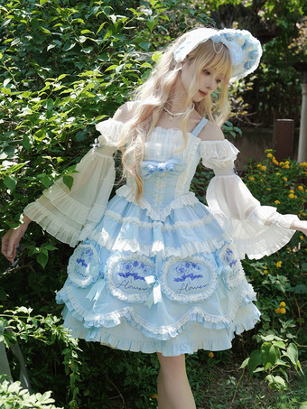ライトスカイブルースイートロリータドレス ポリエステル ノースリーブ ジャンパースカート ロリータドレス