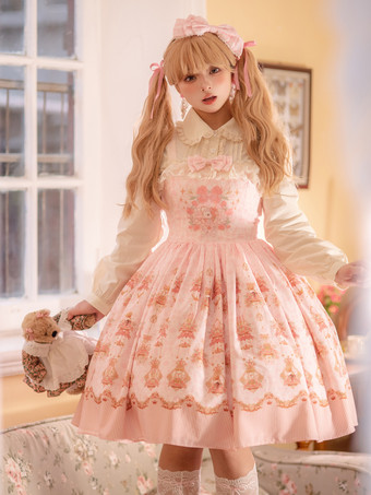 ピンクスイートロリータドレス ポリエステル ノースリーブ ジャンパースカート ロリータドレス