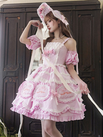 ピンクスイートロリータドレス ポリエステル ノースリーブ ジャンパースカート ロリータドレス