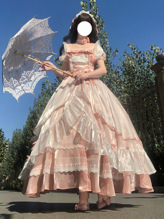 スイートロリータドレス メッシュシルク 半袖 レイヤード ティアードドレス ティーパーティースタイル ロングドレス