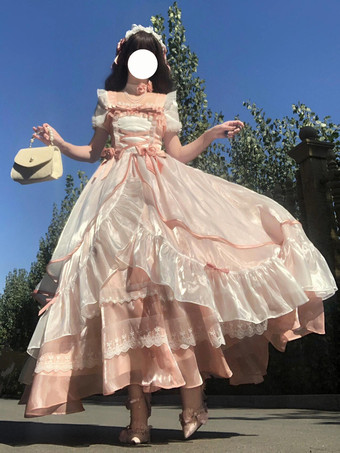 スイートロリータドレス メッシュシルク 半袖 レイヤード ティアードドレス ティーパーティースタイル ロングドレス