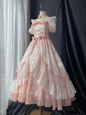 スイートロリータドレス メッシュシルク 半袖 レイヤード ティアードドレス ティーパーティースタイル ロングドレス