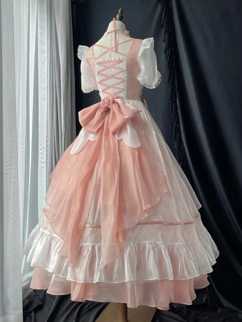 スイートロリータドレス メッシュシルク 半袖 レイヤード ティアードドレス ティーパーティースタイル ロングドレス