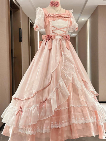 スイートロリータドレス メッシュシルク 半袖 レイヤード ティアードドレス ティーパーティースタイル ロングドレス