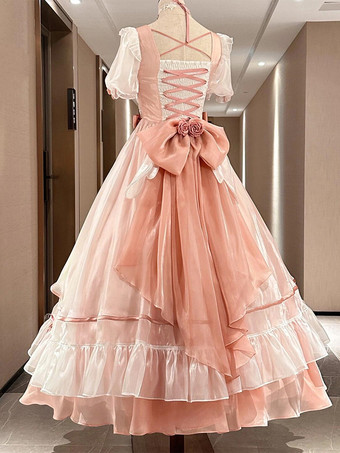 スイートロリータドレス メッシュシルク 半袖 レイヤード ティアードドレス ティーパーティースタイル ロングドレス