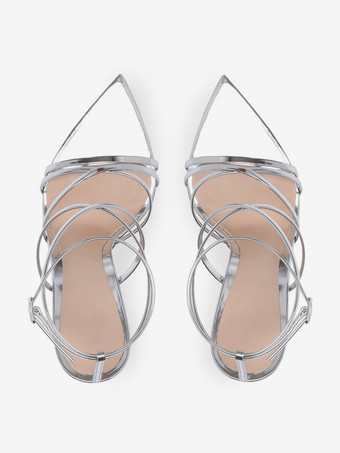 レディースヒールサンダル ポインテッドトゥ スティレットヒール パテントPUアッパーサンダル