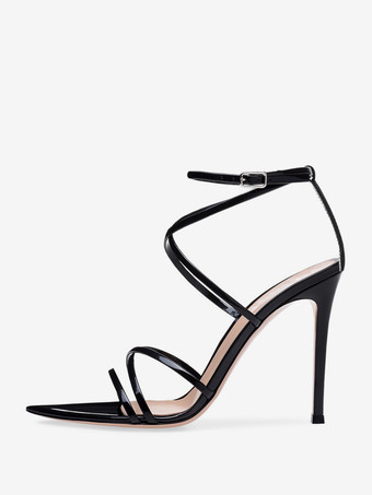 ブラック レディースヒールサンダル ポインテッドトゥ スティレットヒール パテントPUアッパーサンダル