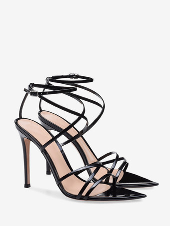 レディースヒールサンダル ポインテッドトゥ スティレットヒール パテントPUアッパーサンダル