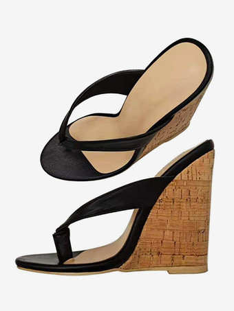 Nero Sandali con zeppa in pelle PU slip-on da donna