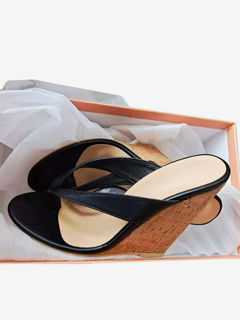 Sandali con zeppa in pelle PU slip-on da donna