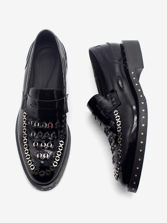 ブラック メンズ リベット ローファー 牛革 メタルディテール シューズ