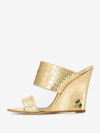 ゴールド レディース スリッポン パテントPUアッパー ウェッジサンダル