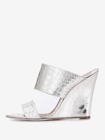 シルバー レディース スリッポン パテントPUアッパー ウェッジサンダル