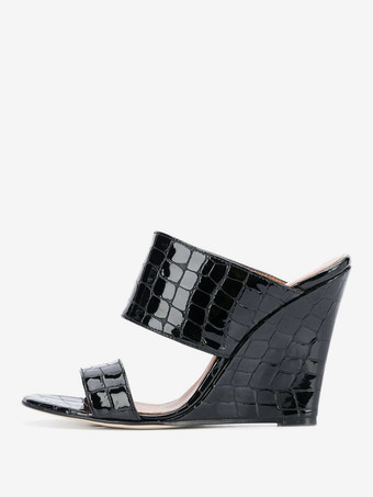 ブラック レディース スリッポン パテントPUアッパー ウェッジサンダル