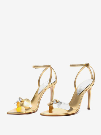ゴールド レディースヒールサンダル ポインテッドトゥサンダル スティレットヒール PUレザー