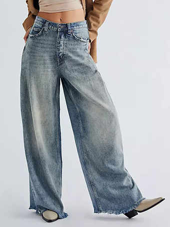 ディープブルーレディースストレートジーンズ リラックスフィット ボヘミアン風ブルーデニムパンツ 2026