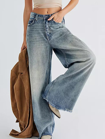 レディースストレートジーンズ リラックスフィット ボヘミアン風ブルーデニムパンツ 2026